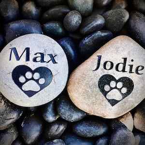 Custom Pet Memorial Stone - Engraved Paw Print Heart with Name, Dog & Cat Memorial, Personalized River Rock, Free Shipping