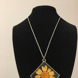 Silver Dried Yellow Flower Resin Cast Necklace Pendant