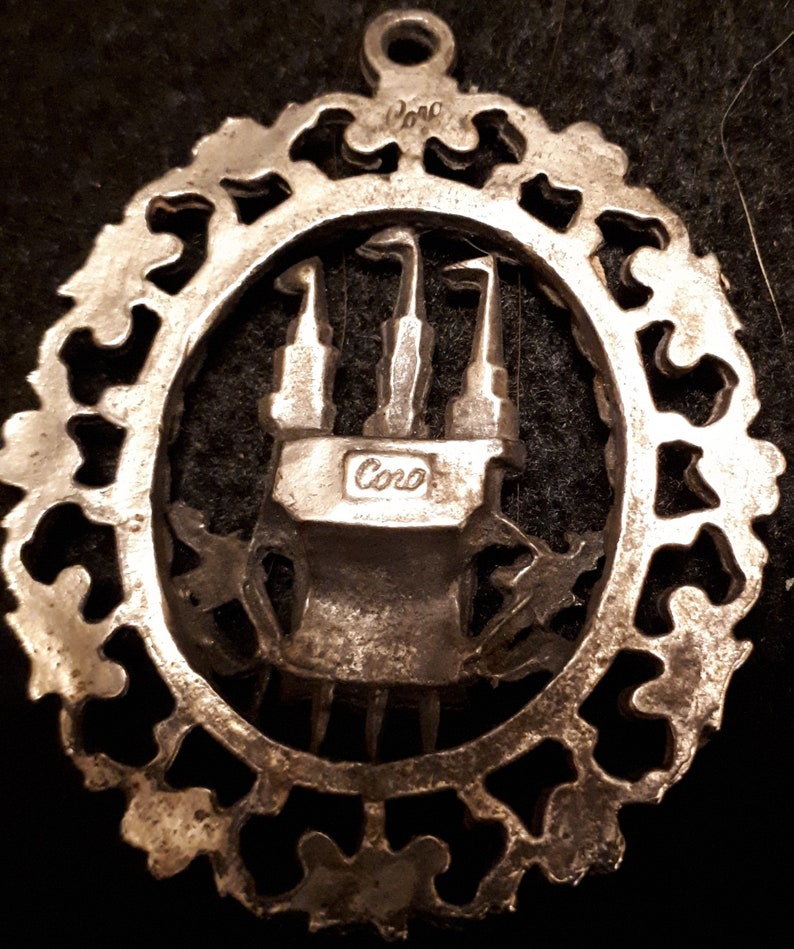 Vintage Signed Coro Pendant Castle Knight Antique Silver Toned