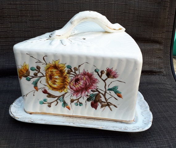 Antique German Covered Cheese Keeper Floral Design 