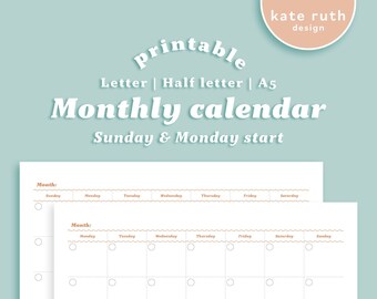 Monthly Calendar Printable Sunday & Monday start