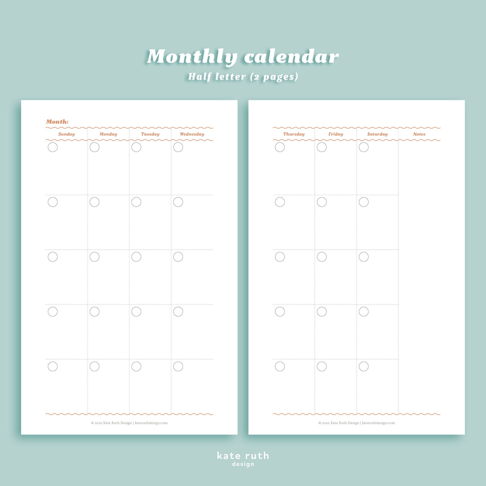 Monthly Calendar Printable Sunday & Monday Start - Etsy