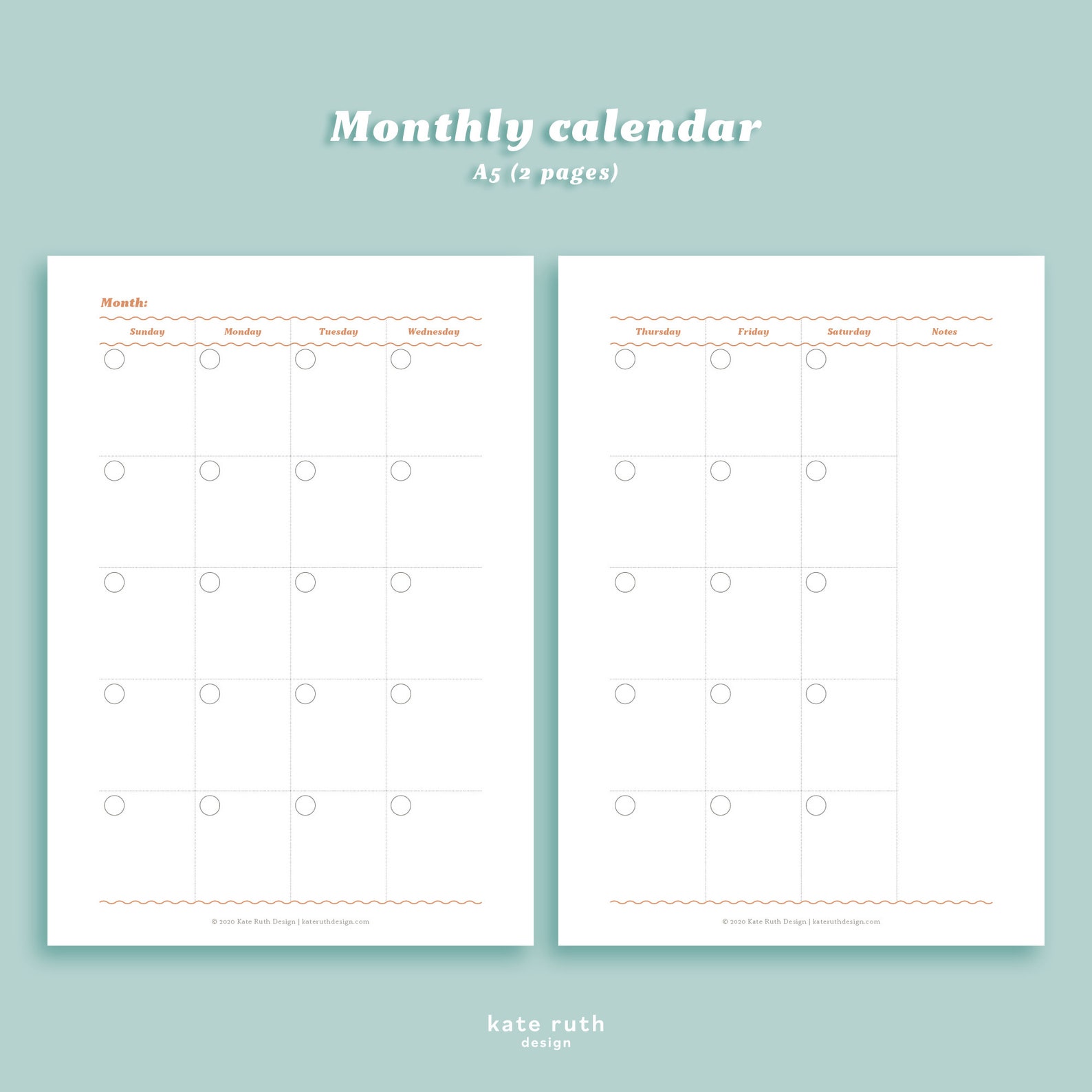 Monthly Calendar Printable Sunday & Monday Start - Etsy