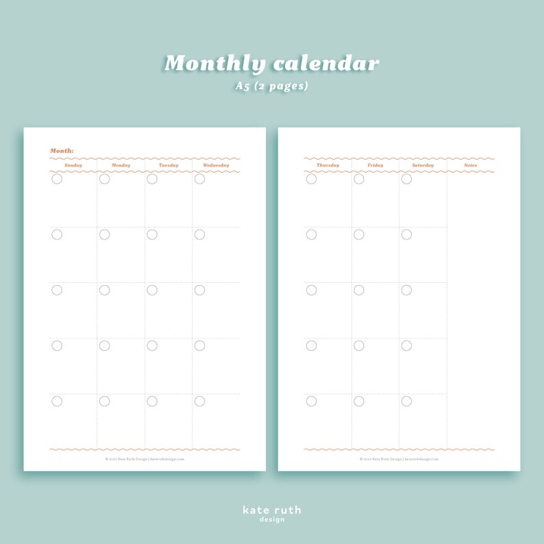 Monthly Calendar Printable Sunday & Monday Start - Etsy