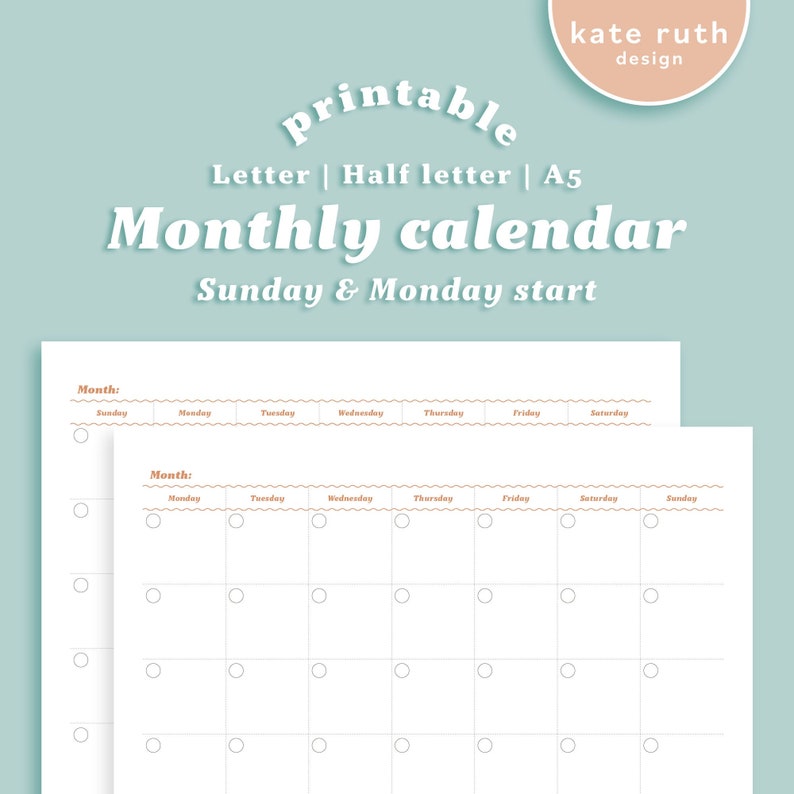 Monthly Calendar Printable Sunday & Monday start image 1