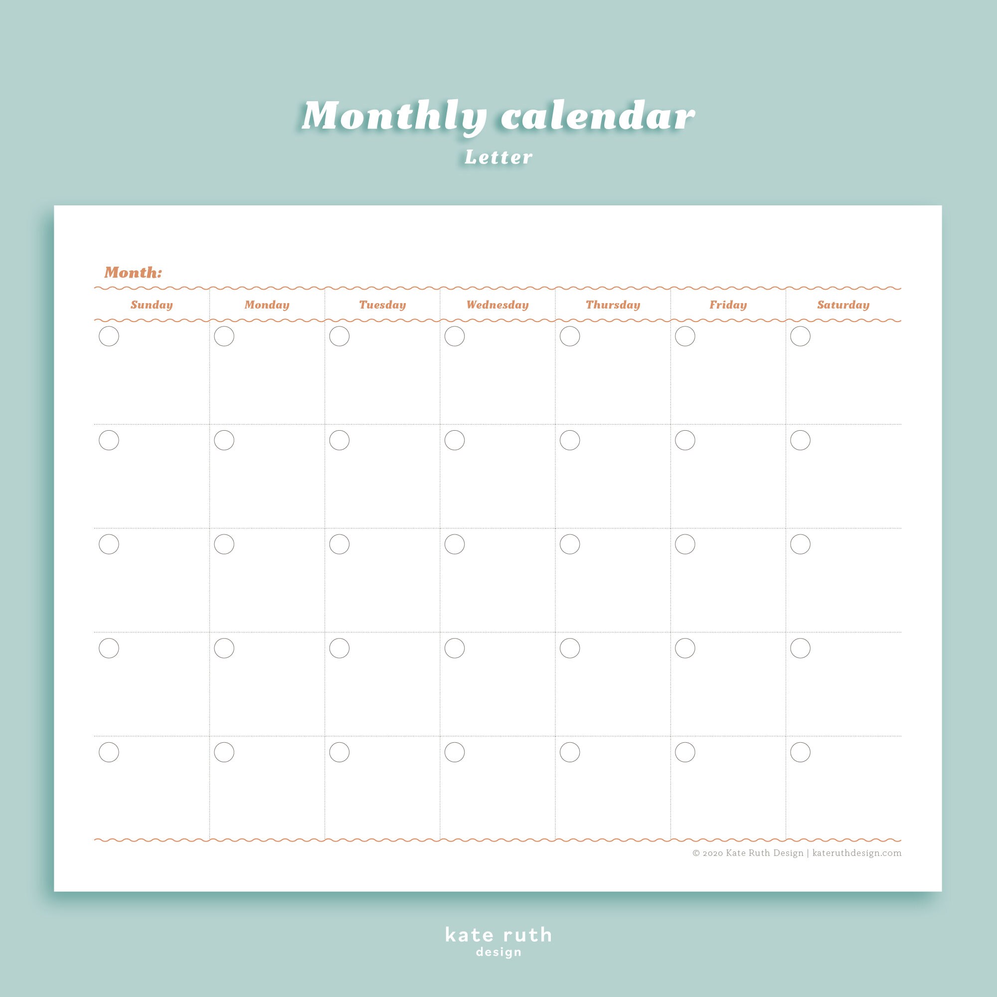 Monthly Calendar Printable Sunday &amp; Monday Start - Etsy