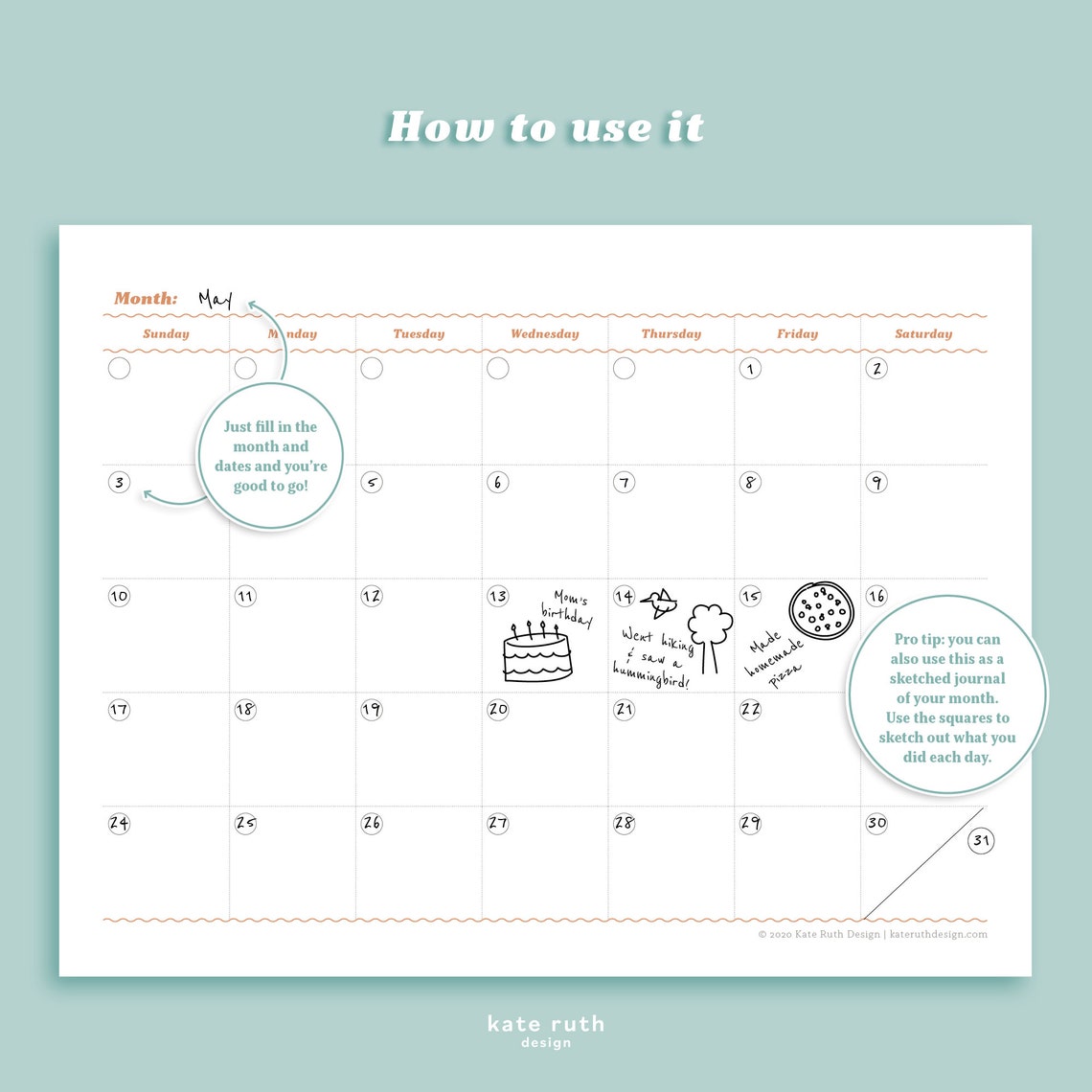 Monthly Calendar Printable Sunday & Monday Start - Etsy