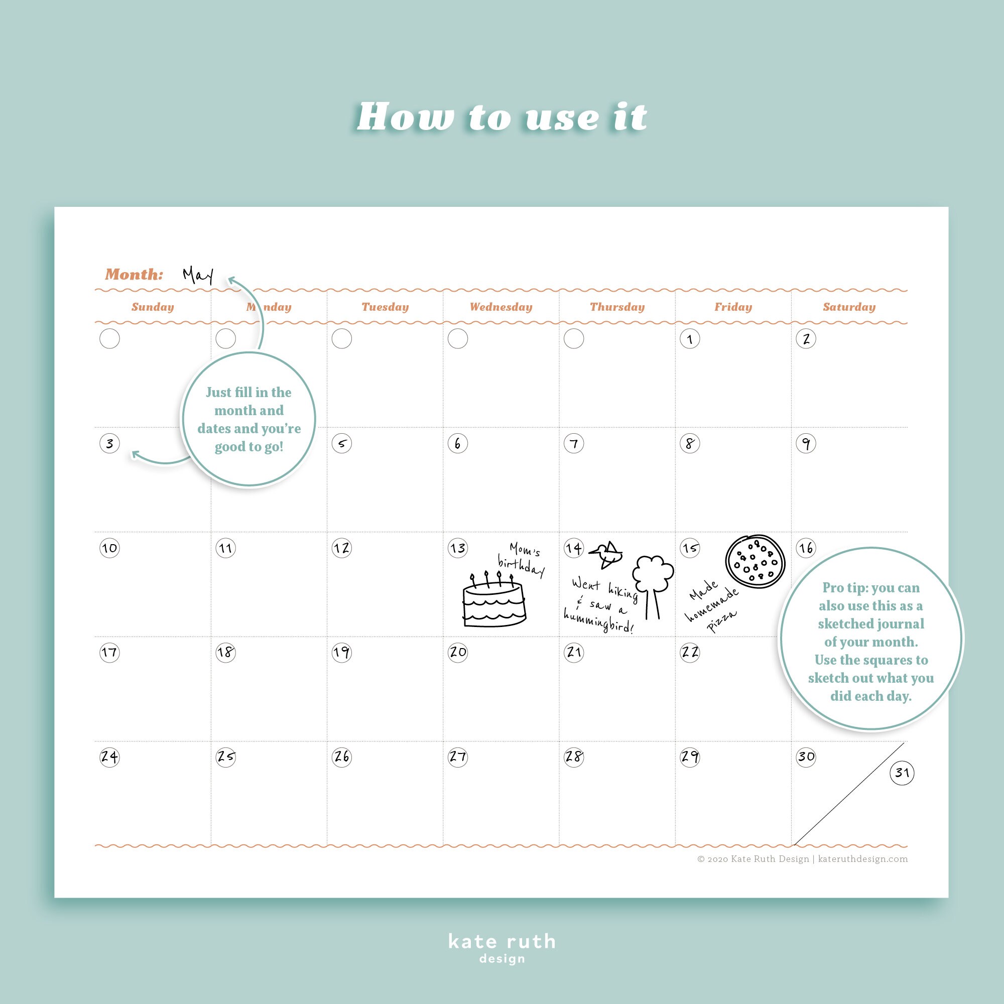 Monthly Calendar Printable Sunday & Monday Start - Etsy