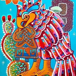 Aztec Eagle Art Cuauhtli y Nopal Mexica Chicano Chicana Painting Aztec Dance, Red and Turquoise Wall Decor on Canvas, Handmade, Framed