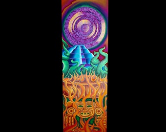 Pirámide del Calendario Azteca Huehuetéotl, Arte Mexica, Enmarcado, Listo para Colgar, Pintura Acrílica Original Psicodélica Mexicana Prehispánica, Pintada a Mano