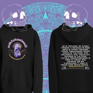 Aztec Mictecacihuatl Sweatshirt, Mexica Prehispanic Hoodie, Black/Navy, Mexican Chicana Chicano Pride Mictlan Hooded Miktekasiwatl Pullover