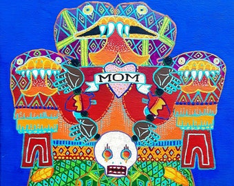 May include: A colorful, abstract painting of a creature with a skull-like face, wearing a red shirt with the word "MOM" on it. The creature has multiple eyes, teeth, and a snake-like tail. The background is a vibrant blue.