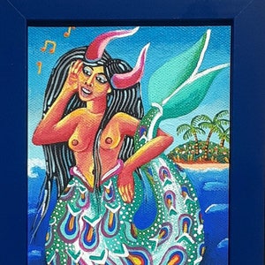 Mermaid Mazatlan Art, Original Acrylic Painting Framed, Pin Up, Devil Sirena, México Folk Art, Beach Decor, Outsider Kitcsh, Free Shipping