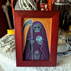 Original Painting Santa Muerte Niña Morada Purple Púrpura Psychic Hand-painted Art: Framed OOAK Handmade Acrylic Folk Art Made in México