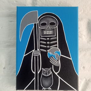 Santa Muerte Art Original Painting, Niña Negra Black Robe Hand-painted Artwork: Framed, Handmade Acrylic Folk Art on Canvas Made in México