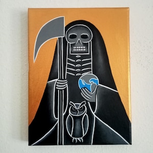 Original Painting Santa Muerte Niña Negra Black Robe Hand-painted Art: Framed OOAK Handmade Acrylic Folk Art Made in México