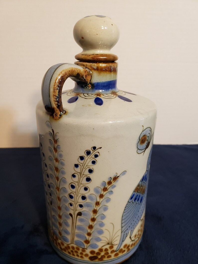 Vintage Tonala Ken Edwards El Palomar Stoneware JugBottle with CorkCeramic Stopper-Blue Butterfly /& Bird Motif