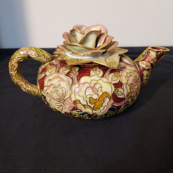 Vintage Cloisonne Rose Teapot  cranberry/cream/light pink/green colors with porcelain rose lid