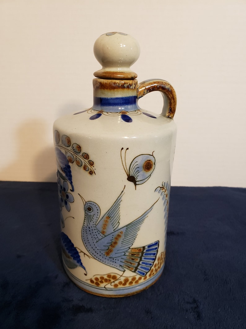 Vintage Tonala Ken Edwards El Palomar Stoneware JugBottle with CorkCeramic Stopper-Blue Butterfly /& Bird Motif