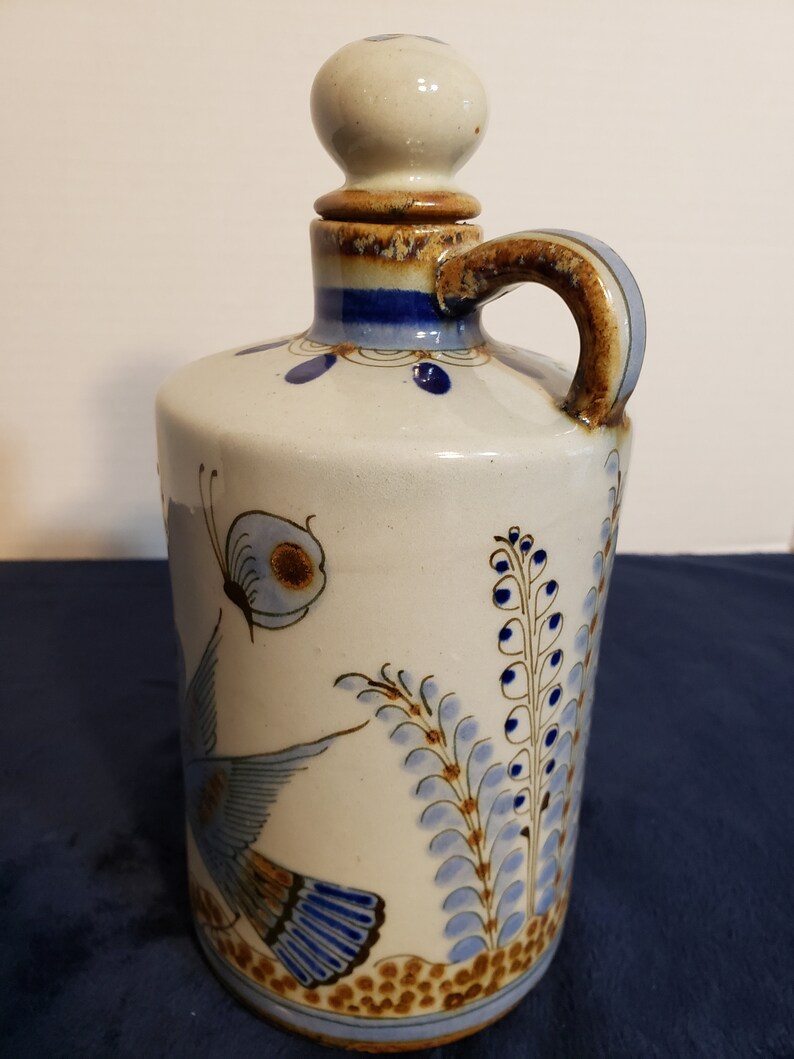Vintage Tonala Ken Edwards El Palomar Stoneware JugBottle with CorkCeramic Stopper-Blue Butterfly /& Bird Motif