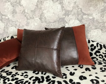 Faux Leather Sofa Pillow, Dark Brown Vegan  Leather Cover, Throw Pillow Cover, 22x22, 24x24, 26x26