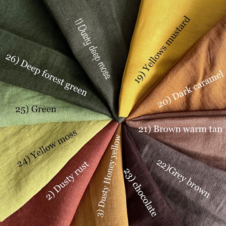 May include: A collection of fabric swatches arranged in a circular fan pattern, featuring colors labeled as 26) Deep forest green, 1) Dusty deep moss, 19) Yellows mustard, 20) Dark caramel, 21) Brown warm tan, 22) Grey brown, 23) chocolate, 3) Dusty Honey yellow, 2) Dusty rust, 24) Yellow moss, and 25) Green.