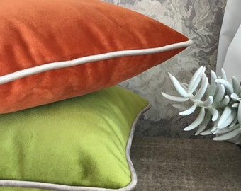 Dark Orange Velvet Pillow Cover: Lumbar Cushion with Piping