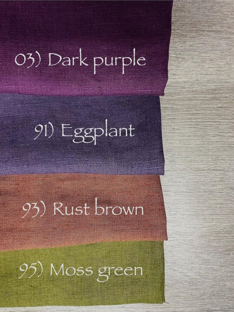 May include: Four rectangular fabric swatches stacked vertically. The top swatch is dark purple labeled 03) Dark purple. The second is eggplant labeled 91) Eggplant. The third is rust brown labeled 93) Rust brown. The bottom is moss green labeled 95) Moss green.
