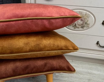 Velvet Pillow Cover: Caramel, Salmon, Rust with Gold Piping