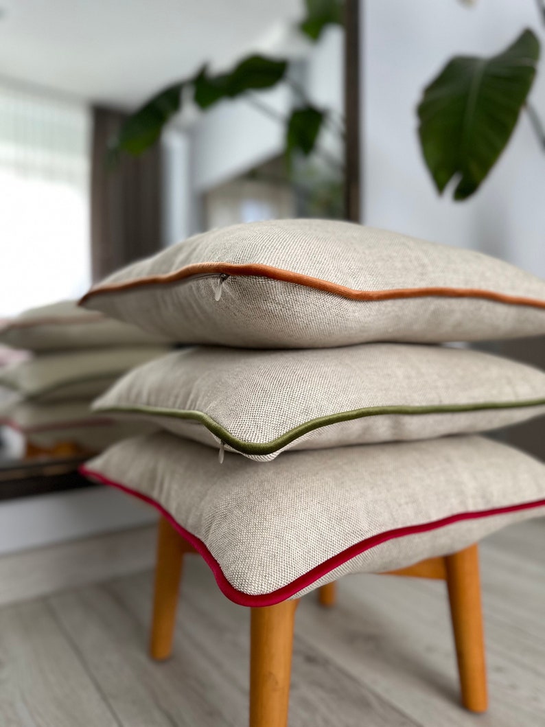 Heavyweight melange linen pillow cover, More colour piping , Coarse weaving linen, Rustic linen pillowcases, 26x26, 24x24, 22x22 zdjęcie 3