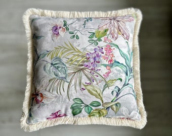 Flowers  Print Pillow Cover with Decorative Fringe, Boho Cushion Cover, Various Colors Fringe 14x14, 20x20, 22x22, 24x24, 26x26