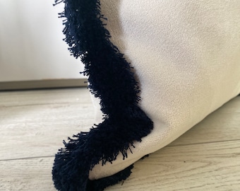 Cream Velvet Pillow Cover with Brown Fringe Trim, Boho Decorative Pillow, Vanilla Cream Pillow with Fringe Trim, 24x24, 26x26