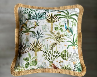 Safari Print Pillow Cover with Decorative Fringe, Boho Cushion Cover, Various Colors Fringe 14x14, 20x20, 22x22, 24x24, 26x26