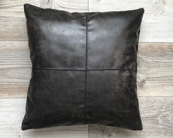 Black Vegan Leather Pillow Cover: Decorative Stitching, Modern Cushion