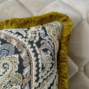 Light Blue Patterned Fringed Pillow Cover, Boho Decorative Pillow, Various Colours Cotton Fringes, 20x20, 24x24, 26x26