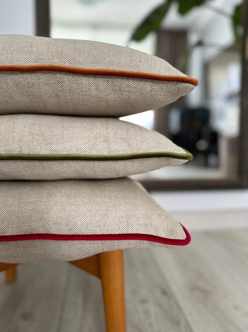 Heavyweight melange linen pillow cover, More colour piping , Coarse weaving linen, Rustic linen pillowcases, 26x26, 24x24, 22x22 zdjęcie 2