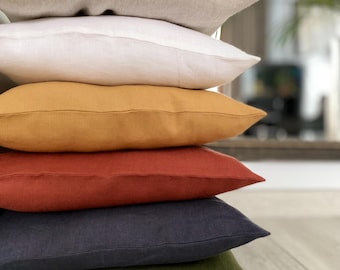 Stonewashed Linen Pillowcase: Dusty Moss, Rust, Mustard - Handmade in Lithuania