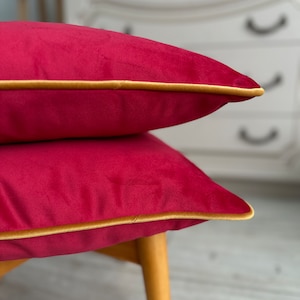Rood fluwelen kussenhoes, rode kussensloop met aangepaste kleur biezen, bordeauxrode kussensloop, 14 x 14, 22 x 22, 24 x 24, 26 x 26