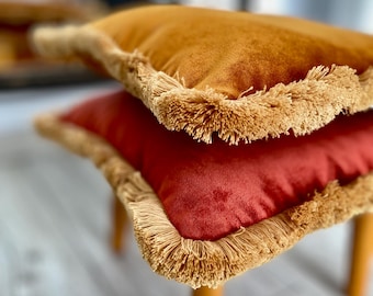 Orange Rust Velvet Pillow Cover with a Decorative Fringe, Boho Decorative Cushion Cover 14x14, 22x22, 24x24, 26x26
