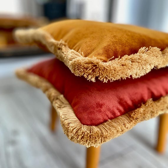 Orange Rust Velvet Pillow Cover With a Decorative Fringe Boho Decorative Cushion Cover 14x14 22x22 24x24 26x26 Etsy