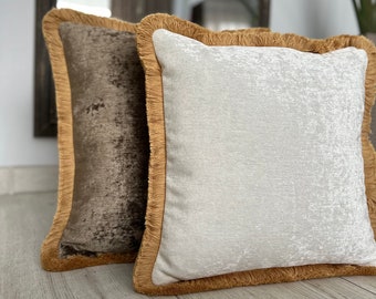 Taupe Brown Chenille Cushion Cover with Fringe, Off White Chenille Pillow Cover with Fringe, 22x22, 24x24, 26x26, 14x14