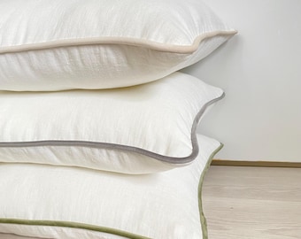 Linen Pillowcase with Colorful Piping, Off White Natural Linen Pillowcases, Milk White Farmhouse Pillow