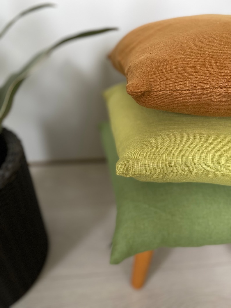 Stonewashed linen pillowcases , Dusty deep moss pillowcases, Dusty rust linen pillow, Yellow mustard case, 26x26, 24x24, 22x22, 28x28 image 2