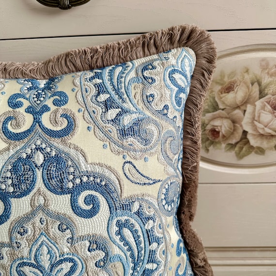 Light Blue Boho Pillow Cover: Royal Fringed Cotton Decorative Pillow