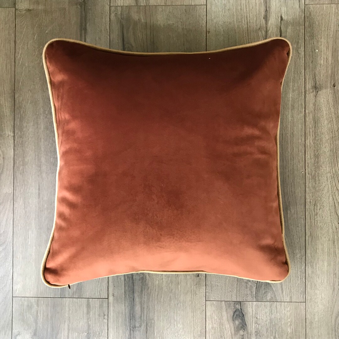 Rust Velvet Pillow Cover With Gold Piping, Copper Brown Throw Pillow