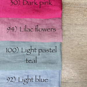 May include: Four rectangular fabric swatches stacked vertically. The top is dark pink labeled 30) Dark pink, the second is lilac labeled 94) Lilac flowers, the third is light pastel teal labeled 100) Light pastel teal, and the bottom is light blue labeled 92) Light blue.