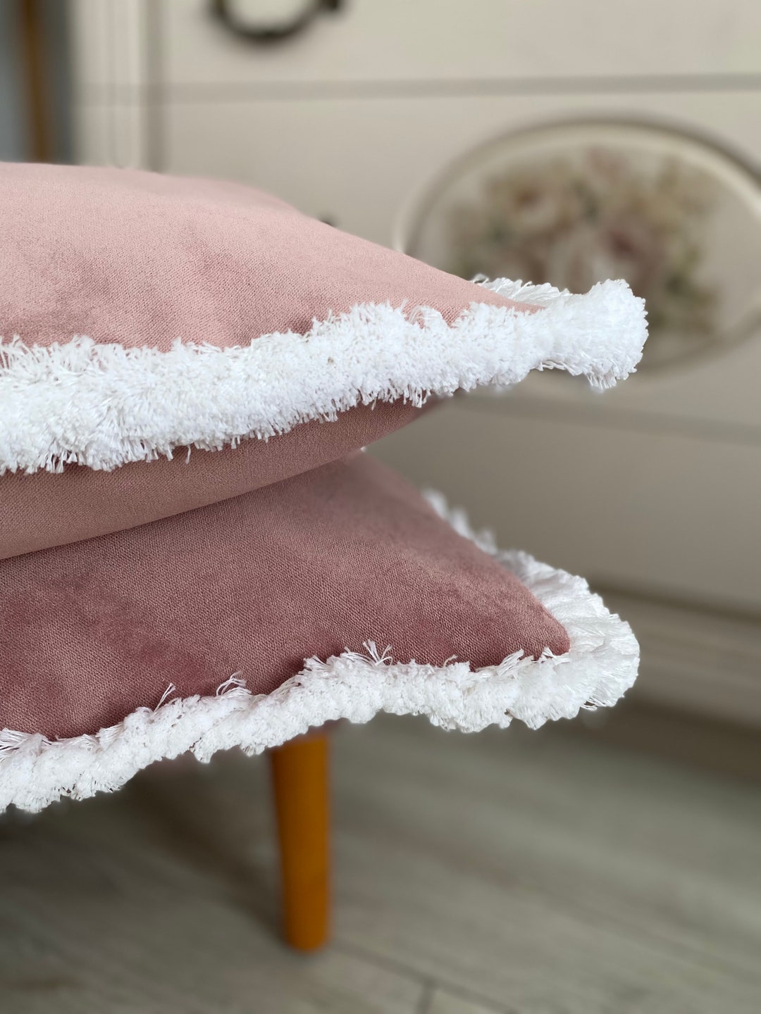 Dusty Rose Velvet Pillow Cover With Fringe Trim Boho Pillow Etsy