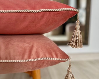 Luxury coral velvet pillowcase with sand tassels , Royal coral pillow colour , Coral cushion cover, 14x14, 16x16, 18x18 , 20x20