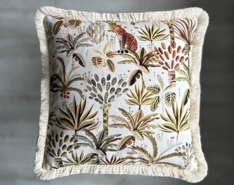 Housse de coussin imprimé safari avec franges décoratives, housse de coussin bohème, franges de différentes couleurs 14 x 14, 20 x 20, 22 x 22, 24 x 24, 26 x 26