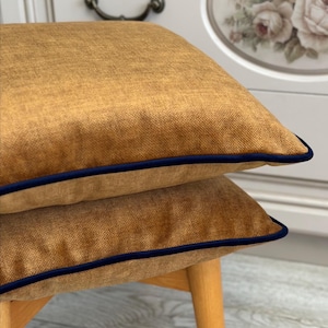 Può includere: Due cuscini quadrati con una finitura in tessuto testurizzato color marrone dorato. Ogni cuscino presenta un caratteristico bordo con piping blu navy scuro, che crea un netto contrasto con la tonalità calda e terrosa del materiale.